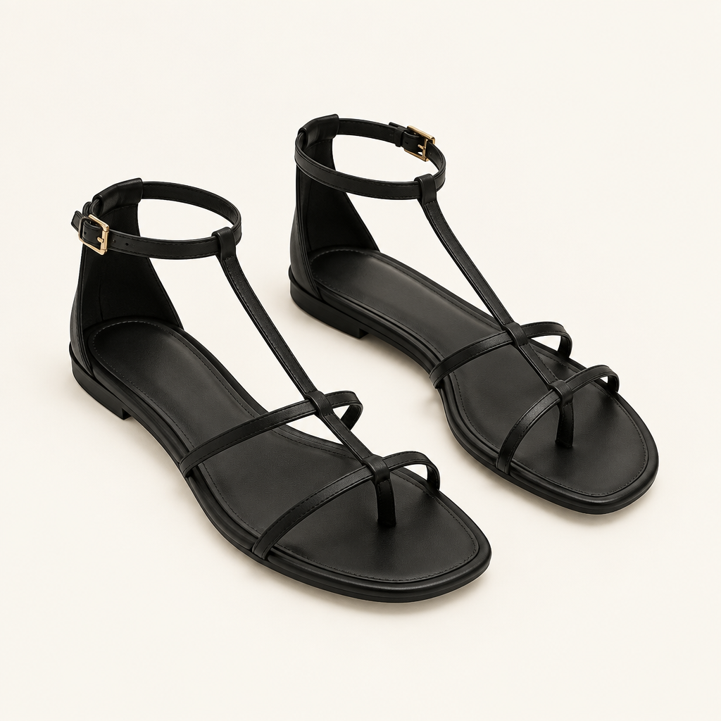 Illustrative pair of black strappy flat sandals on a light beige background.